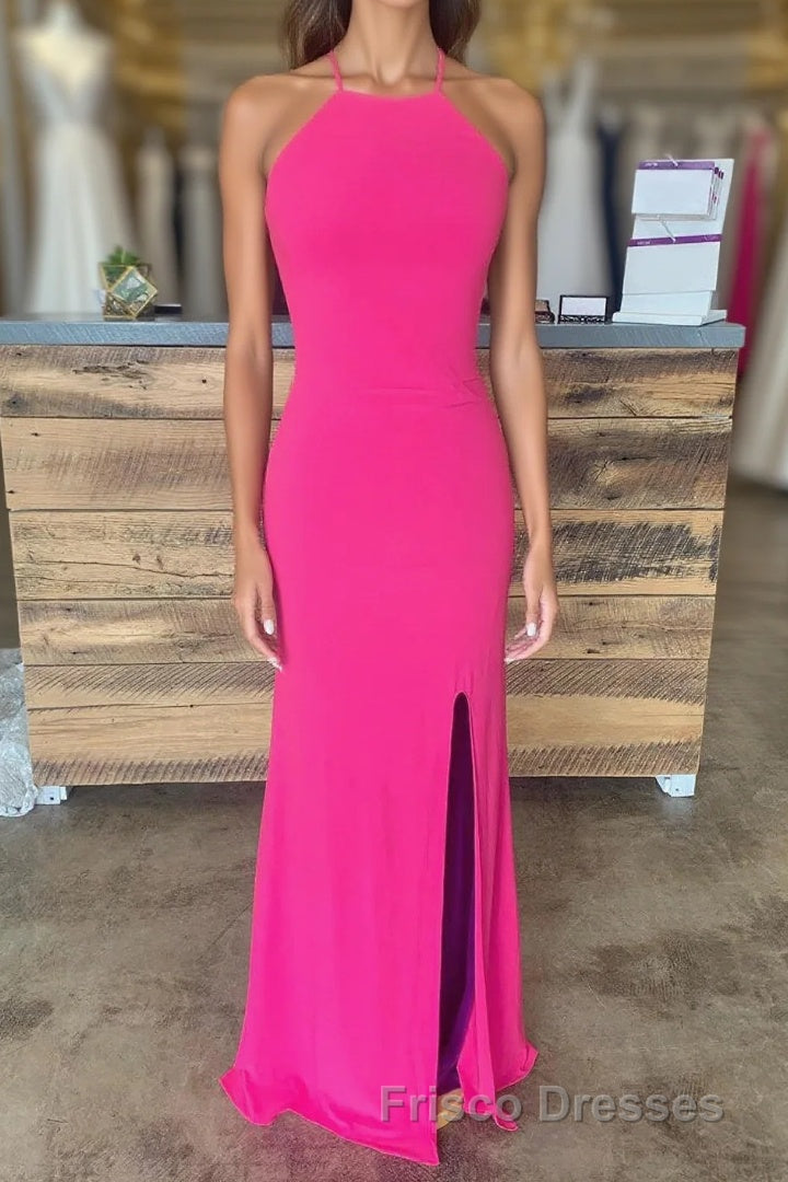 Sheath Halter Hot Pink Long Formal Prom Dress with Silt