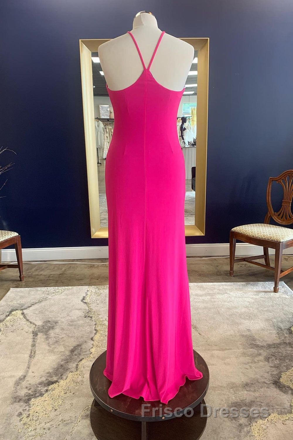 Sheath Halter Hot Pink Long Formal Prom Dress with Silt