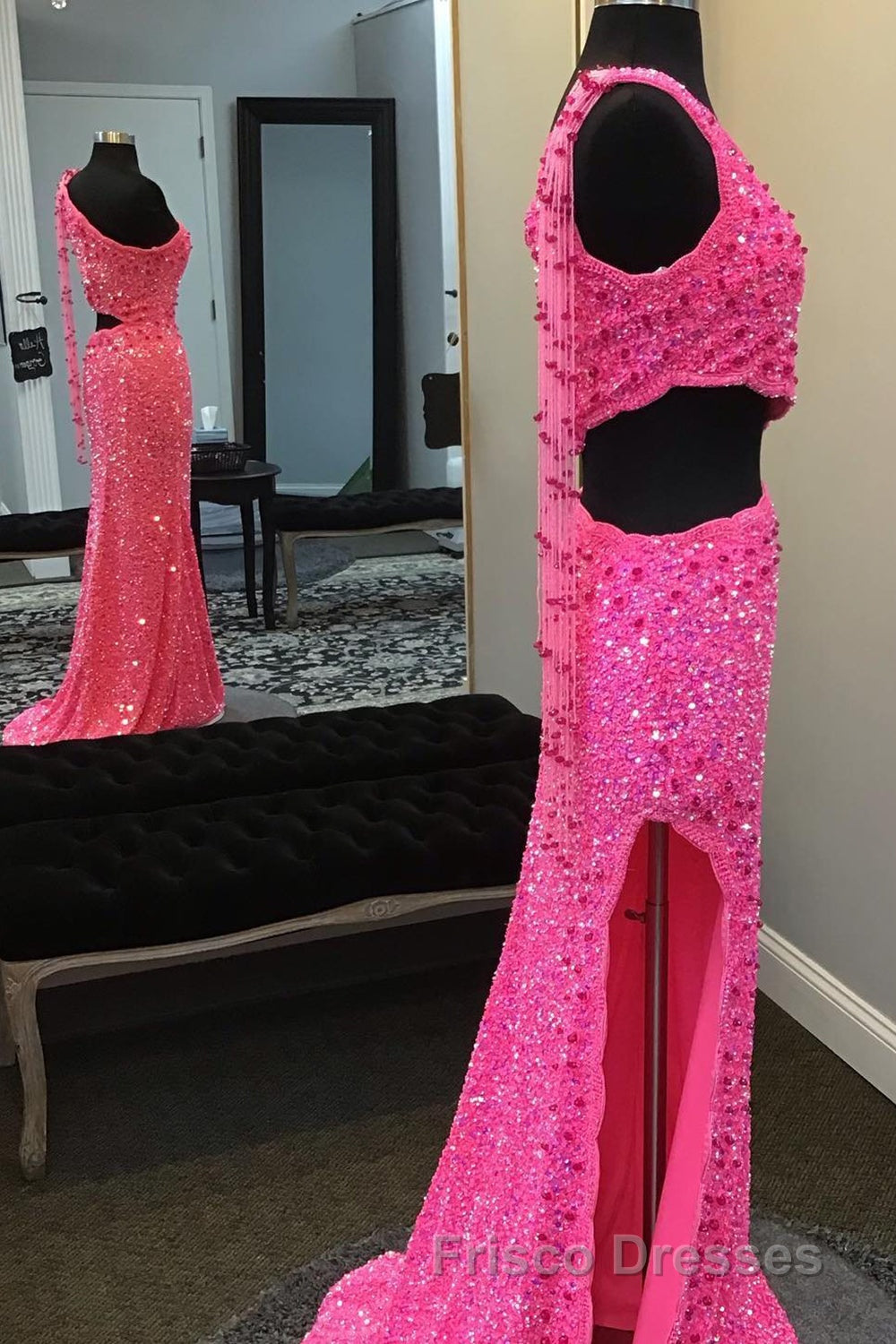 Hot Pink One Shoulder Sequins Formal Prom Dress with Slit