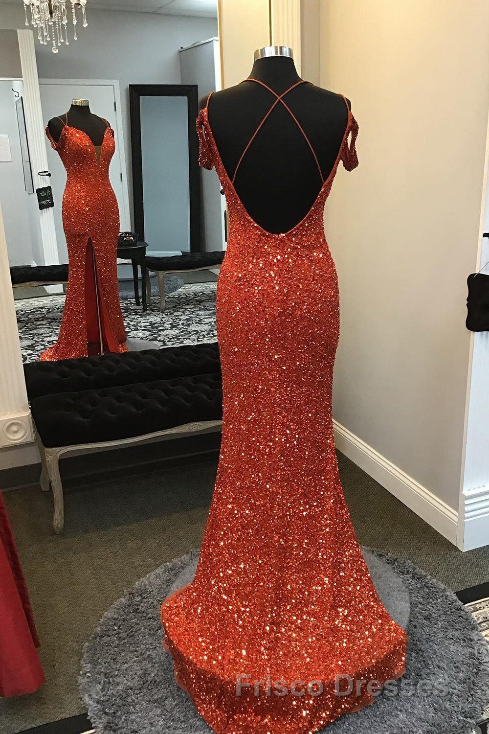 Orange Sparkly Spaghetti Straps Sequins Long Formal Prom Dress with Slit