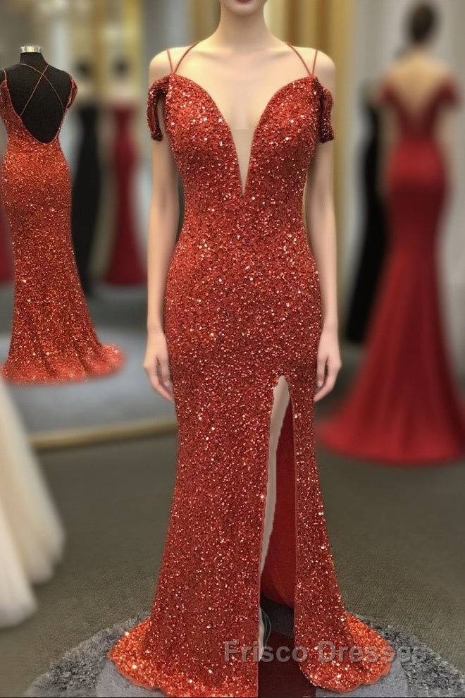 Orange Sparkly Spaghetti Straps Sequins Long Formal Prom Dress with Slit