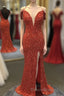 Orange Sparkly Spaghetti Straps Sequins Long Formal Prom Dress with Slit