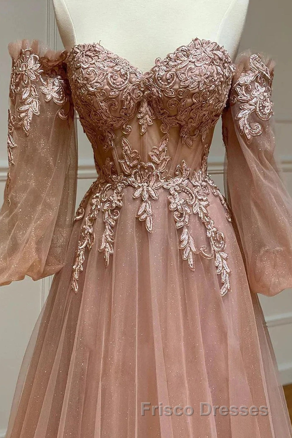 Blush Corset Off the Shoulder Long Formal Prom Dress with Appliques