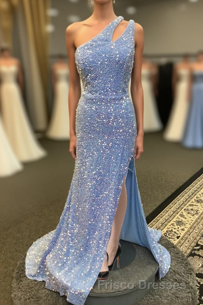 Light Blue One Shoulder Cut-Out Mermaid Long Formal Prom Dress with Fringes