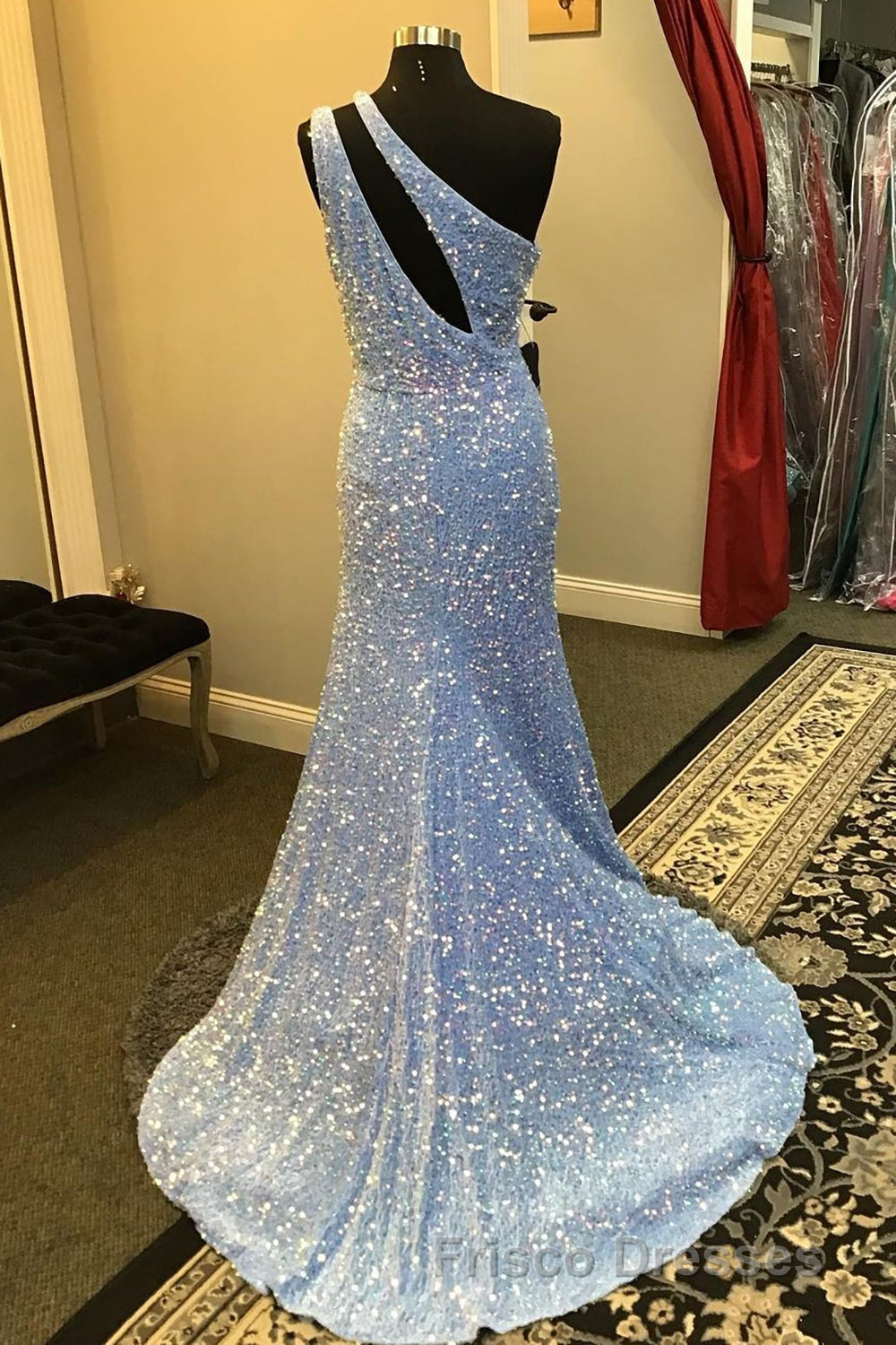 Light Blue One Shoulder Cut-Out Mermaid Long Formal Prom Dress with Fringes Secondary image