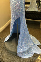 Light Blue One Shoulder Cut-Out Mermaid Long Formal Prom Dress with Fringes