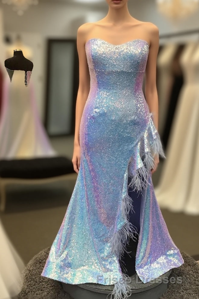 Plus Size Light Blue Sweetheart Mermaid Sequins Long Formal Prom Dress with Feathers Main image