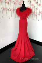 Red Mermaid Long Formal Prom Dress with Feathers