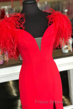 Red Mermaid Long Formal Prom Dress with Feathers