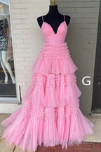 Sparkly Spaghetti Straps Tiered Tulle Formal Prom Dress, New Long Party Gown