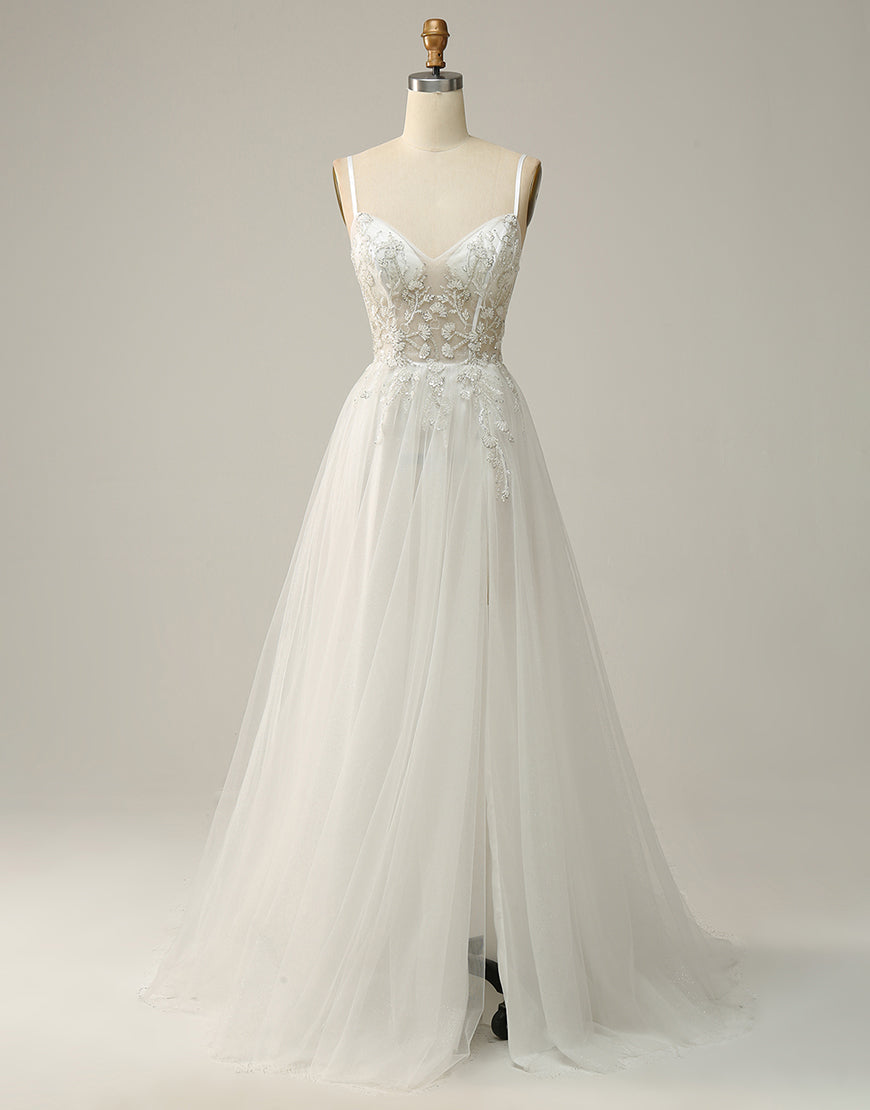 White A-Line Spaghetti Straps Long Prom Dresses With Beading