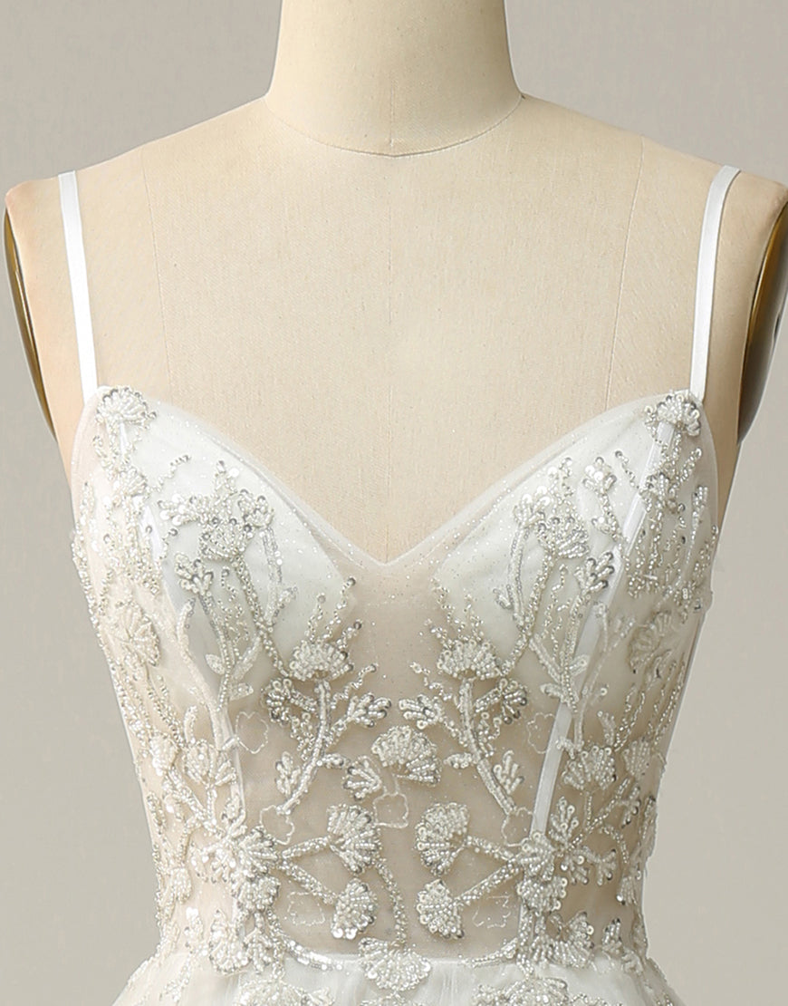 White A-Line Spaghetti Straps Long Prom Dresses With Beading Main image