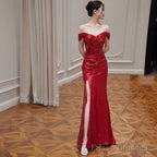Off-Shoulder Sequin Side-Slit Trumpet Evening Gown