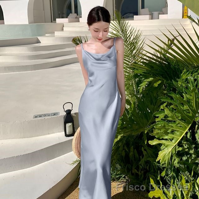 Spaghetti Strap Cowl Neck Plain Open Back Satin Midi A-Line Prom Dress Main image