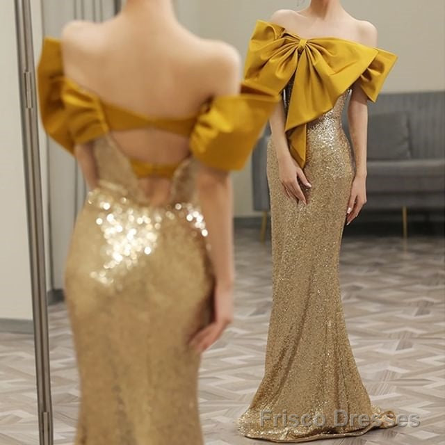 Off-Shoulder Sequin Bow Accent Open Back Mermaid Evening Gown Main image