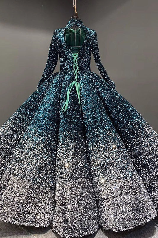 Glitter High Neck Open Back Lace Up Ball Gown Formal Prom Dress Secondary image