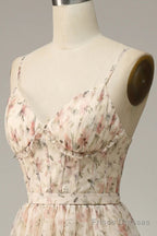 A-Line Spaghetti Straps Floor Length Print Prom Dress With Split