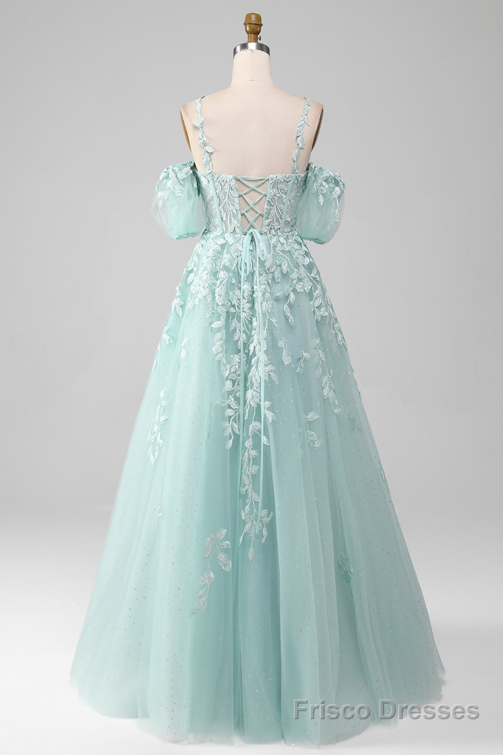 Mint A Line Tulle Off the Shoulder Lace Up Long Prom Dress With Appliques Main image