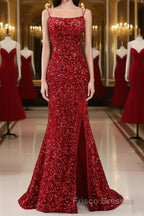 Red Sparkly Mermaid Backless Long Formal Prom Dresses with Fringes
