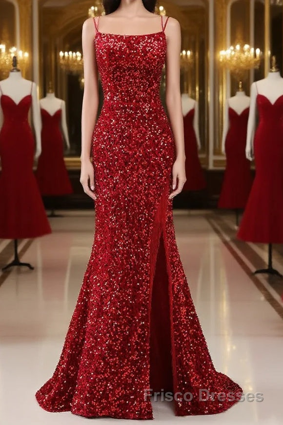 Red Sparkly Mermaid Backless Long Formal Prom Dresses with Fringes