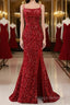 Red Sparkly Mermaid Backless Long Formal Prom Dresses with Fringes