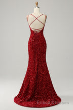 Red Sparkly Mermaid Backless Long Formal Prom Dresses with Fringes