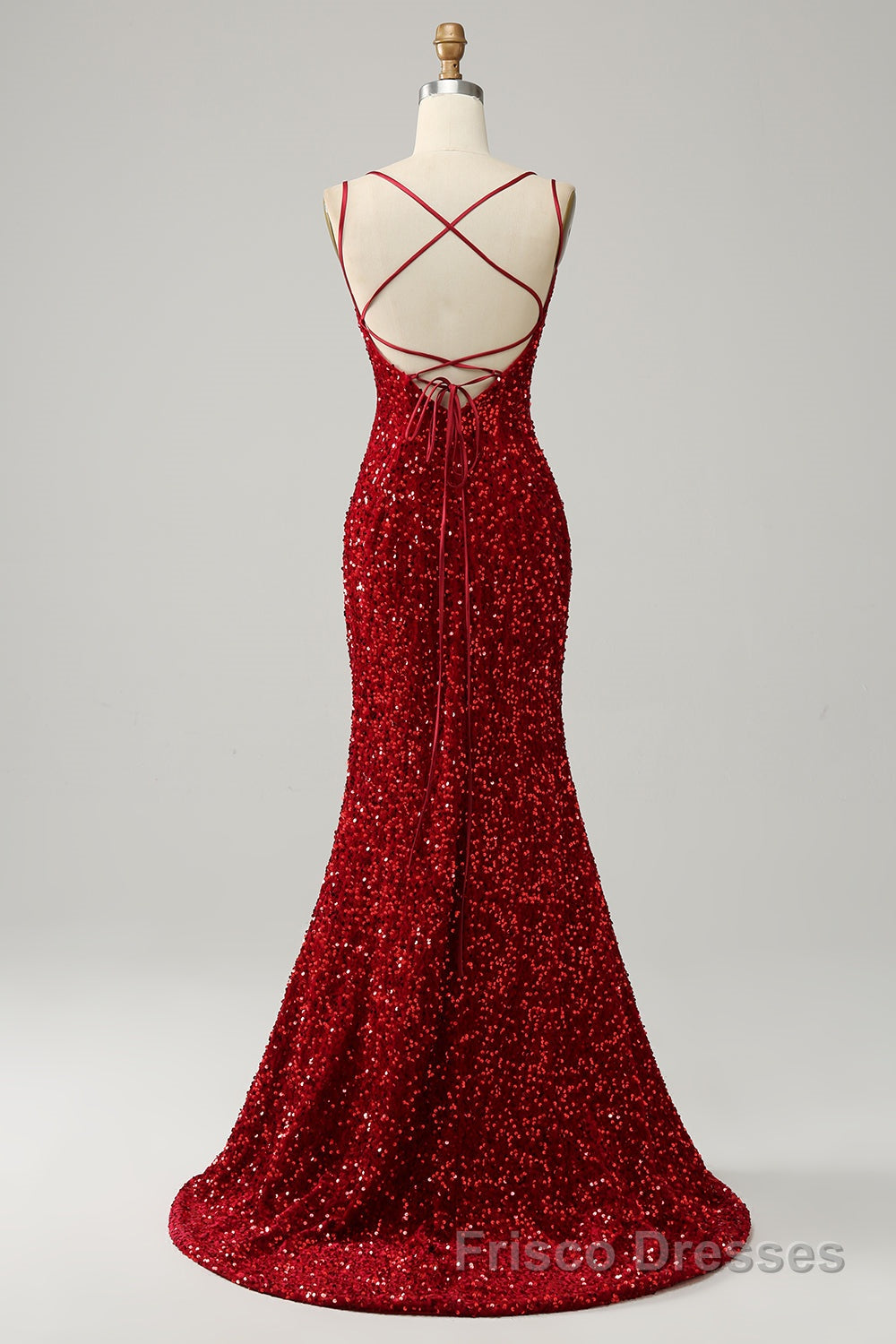 Red Sparkly Mermaid Backless Long Formal Prom Dresses with Fringes
