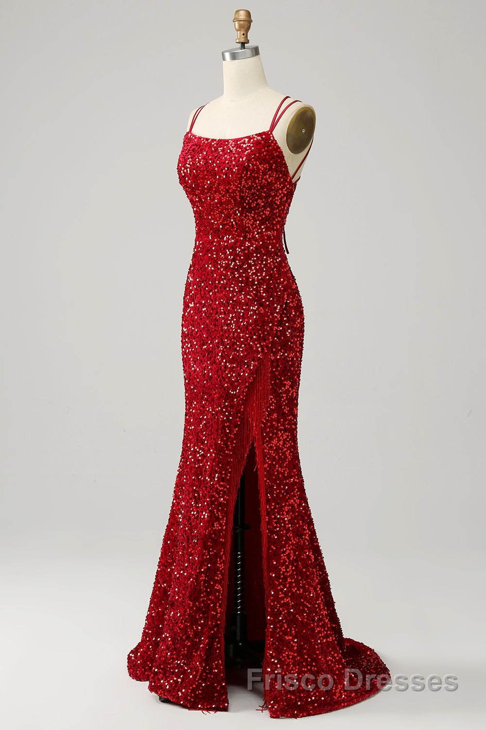 Red Sparkly Mermaid Backless Long Formal Prom Dresses with Fringes