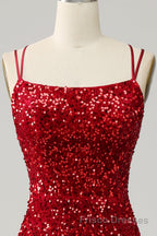 Red Sparkly Mermaid Backless Long Formal Prom Dresses with Fringes