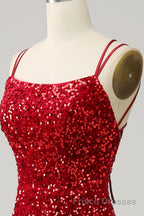 Red Sparkly Mermaid Backless Long Formal Prom Dresses with Fringes