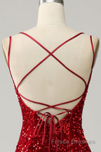 Red Sparkly Mermaid Backless Long Formal Prom Dresses with Fringes