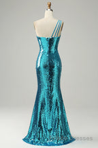 Sparkly Blue Sequins One Shoulder Long Formal Prom Dresses with Slit