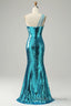 Sparkly Blue Sequins One Shoulder Long Formal Prom Dresses with Slit