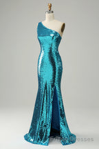 Sparkly Blue Sequins One Shoulder Long Formal Prom Dresses with Slit