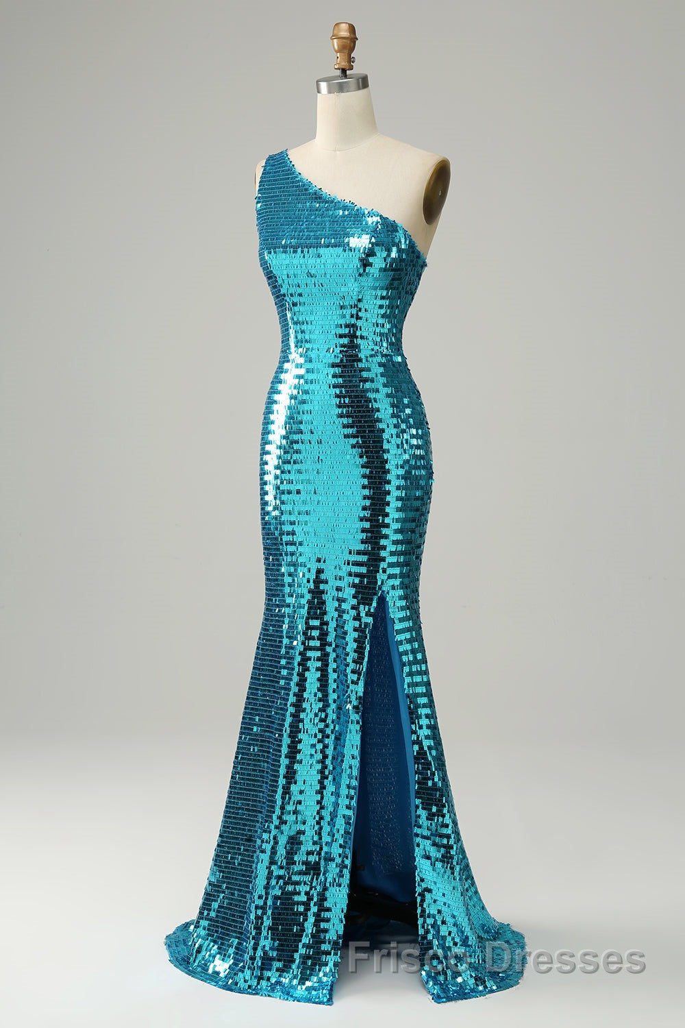 Sparkly Blue Sequins One Shoulder Long Formal Prom Dresses with Slit