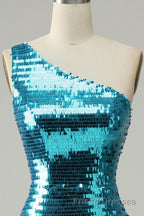Sparkly Blue Sequins One Shoulder Long Formal Prom Dresses with Slit