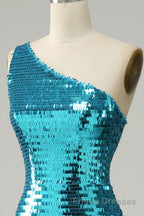 Sparkly Blue Sequins One Shoulder Long Formal Prom Dresses with Slit