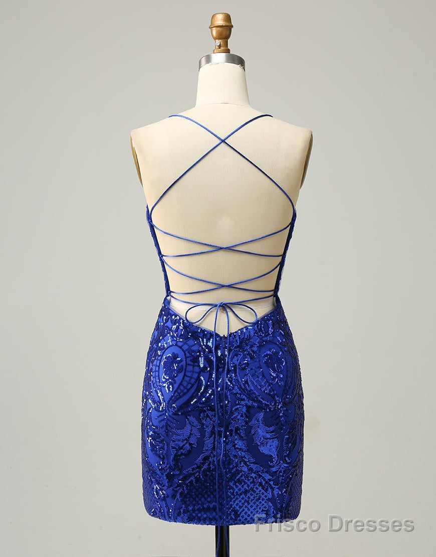 Royal Blue V-Neck Corset Back Homecoming Dress With Sequin