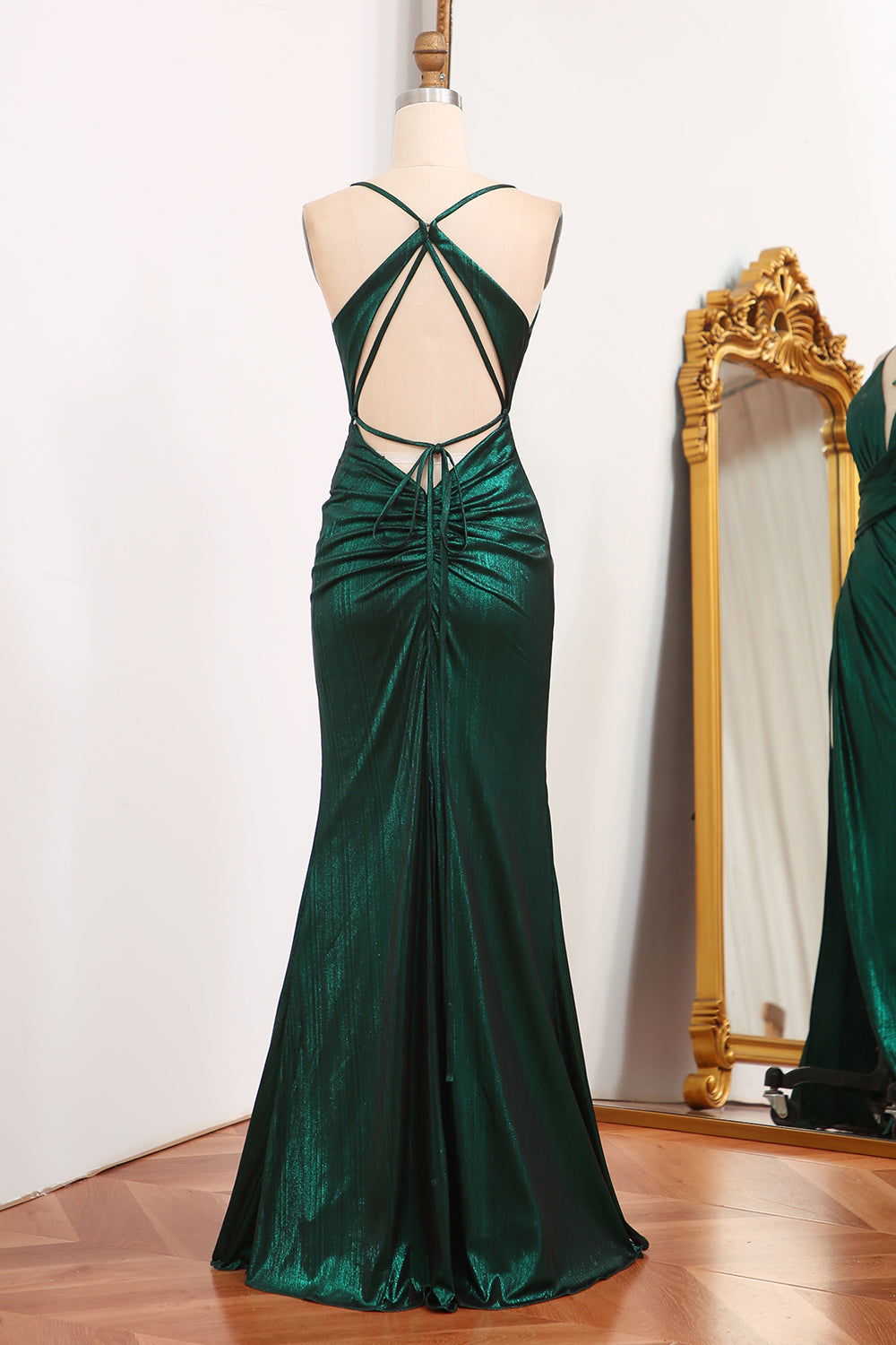 Dark Green Mermaid Spaghetti Straps Keyhole Long Prom Dresses With Slit Secondary image