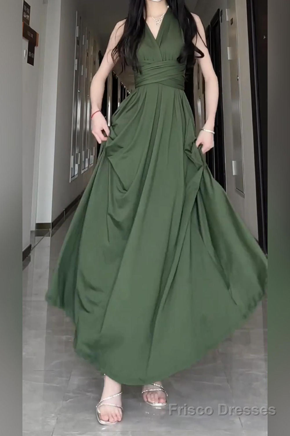 V Neck Halter Neck Green Dress Secondary image