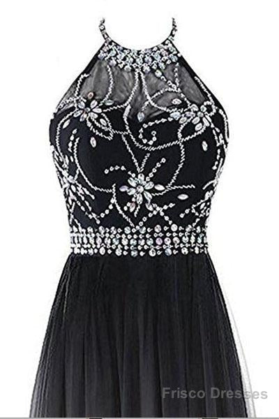 Classy Black And White Halter Lace Up Long Beaded Prom Dress