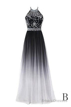 Classy Black And White Halter Lace Up Long Beaded Prom Dress
