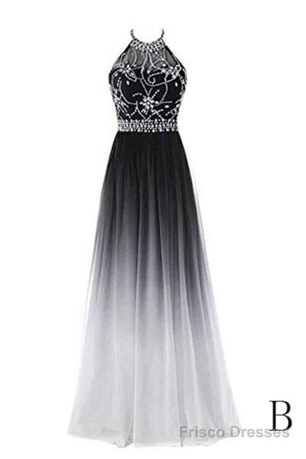 Classy Black And White Halter Lace Up Long Beaded Prom Dress