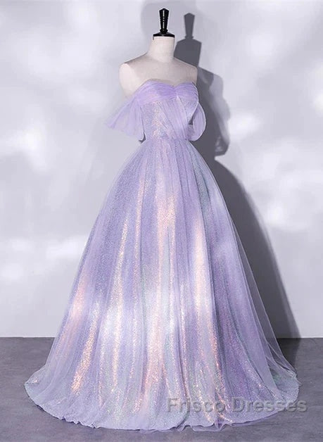A Charming Sequin Lavender A-Line Sheer Strapless Dance Dress, Lavender Princess Off The Shoulder Sleeveless Sheer Evening Dress Secondary image