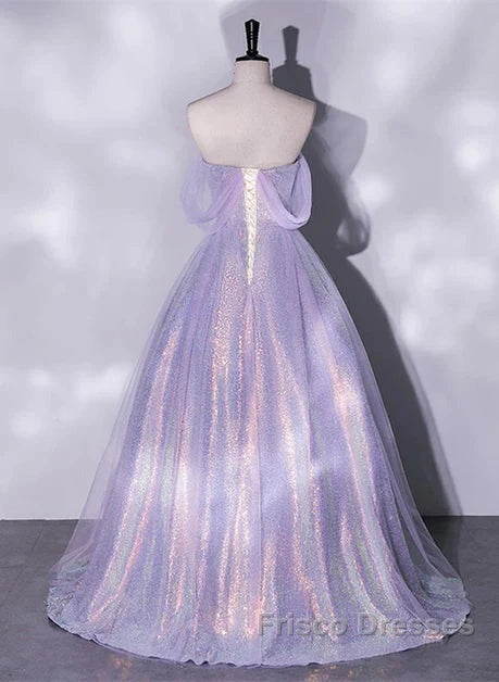 A Charming Sequin Lavender A-Line Sheer Strapless Dance Dress, Lavender Princess Off The Shoulder Sleeveless Sheer Evening Dress