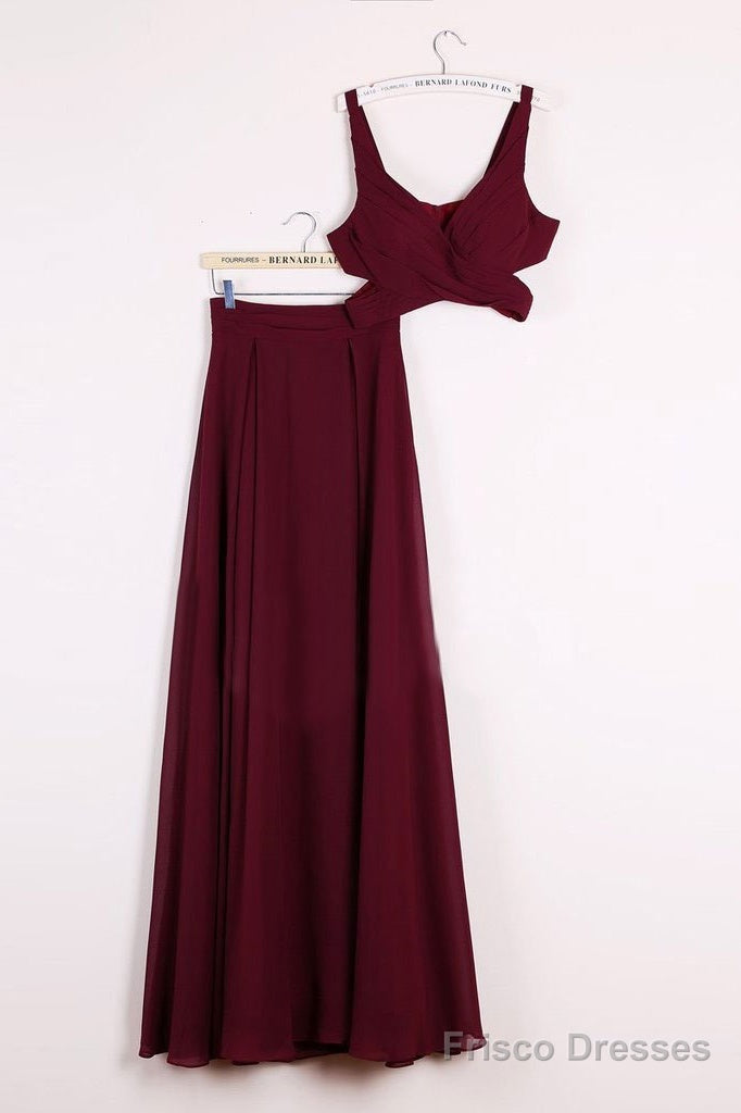 A Line 2 Pieces Floor Length Burgundy Chiffon Prom Dress, 2 Pieces Burgundy Formal Dresses, Bridesmaid Dresses Main image