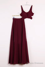 A Line 2 Pieces Floor Length Burgundy Chiffon Prom Dress, 2 Pieces Burgundy Formal Dresses, Bridesmaid Dresses