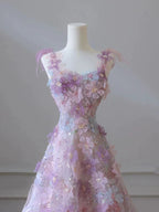 A Line 3D Floral Lace Skirt Tulle Bodice Floor-Length Prom Dresses