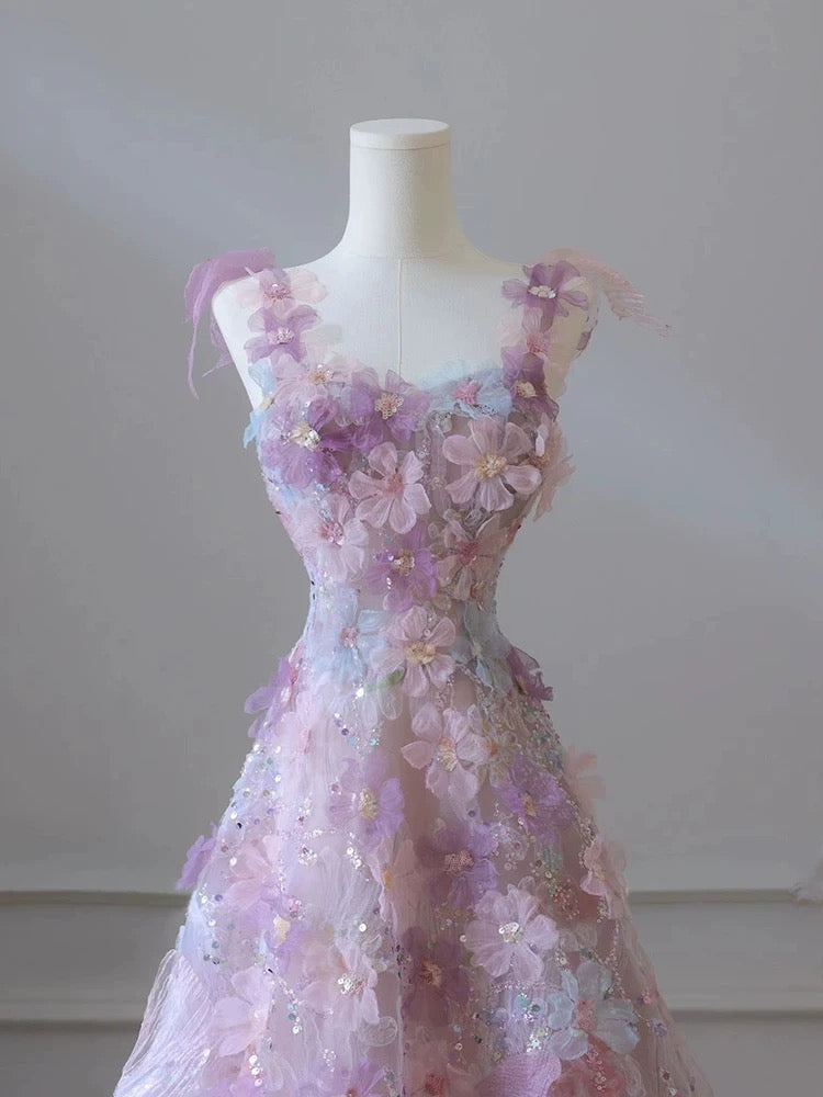 A Line 3D Floral Lace Skirt Tulle Bodice Floor-Length Prom Dresses