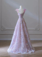 A Line 3D Floral Lace Skirt Tulle Bodice Floor-Length Prom Dresses